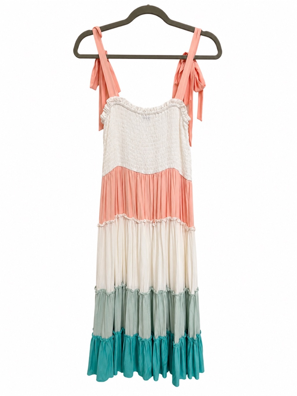 She + Sky Colorblock Tiered Midi Dress Medium Boho Tie Strap Smocked Sundress - Picture 2 of 3